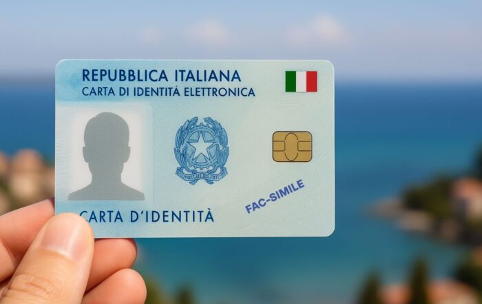 Primo piano di una CIE italiana tenuta in mano con panorama estero sullo sfondo