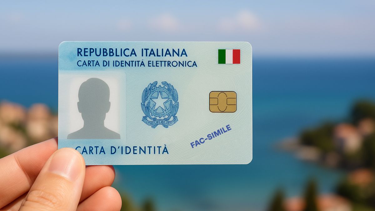 Primo piano di una CIE italiana tenuta in mano con panorama estero sullo sfondo